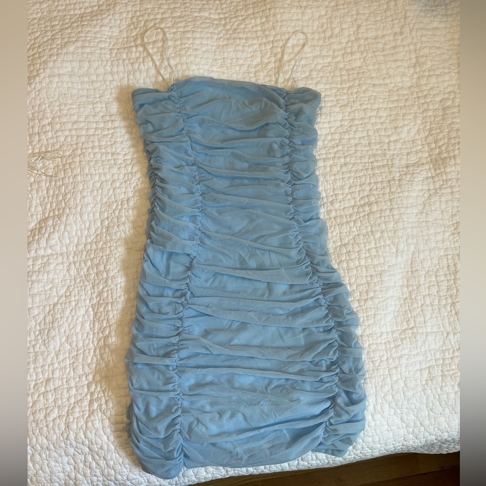 shein mini dress blue ruched with spaghetti straps